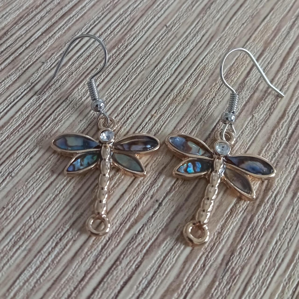 New Abalone mother of pearl gold dragonfly drop statement earrings handmade